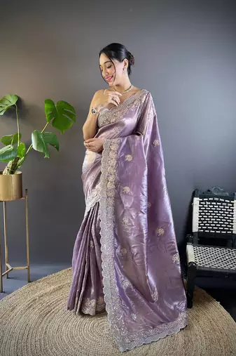 Onion Pink Colour Gold Crunchy Sequence Thread Work Saree
