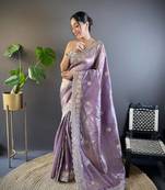 Onion Pink Colour Gold Crunchy Sequence Thread Work Saree