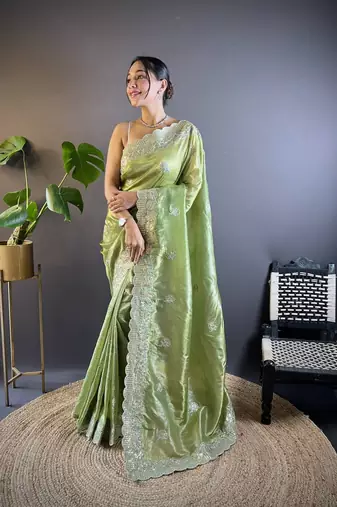 Olive Colour Gold Crunchy Sequence Thread Work Saree