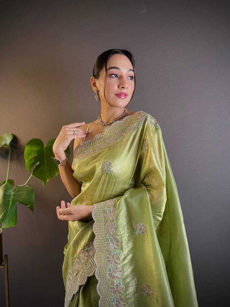 Olive Colour Gold Crunchy Sequence Thread Work Saree