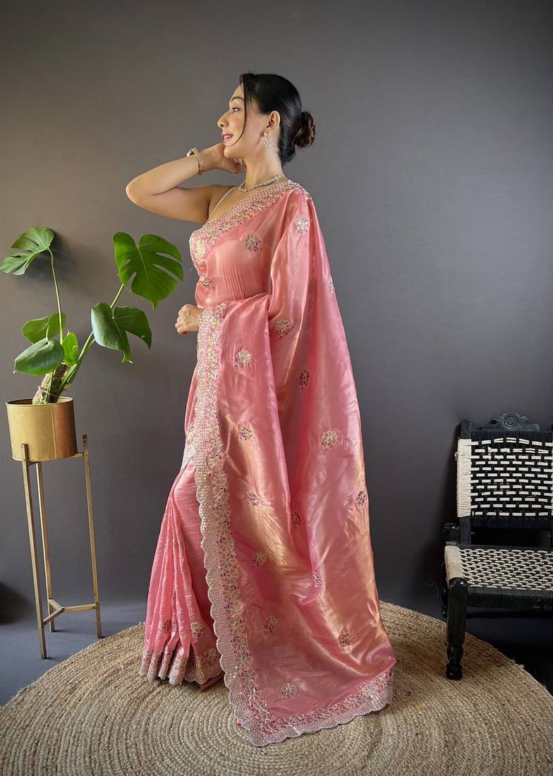 Peach Colour Gold Crunchy Sequence Thread Work Saree