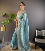 Sky Blue Colour Gold Crunchy Sequence Thread Work Saree