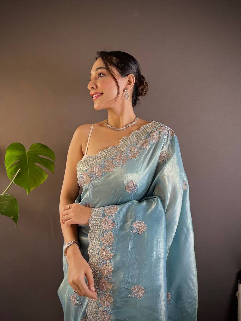 Sky Blue Colour Gold Crunchy Sequence Thread Work Saree