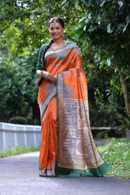 Orange Treaditional Kalamkari design Lotus border printed work saree with Blouse  1