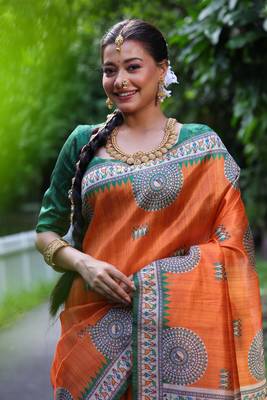 Orange Treaditional Kalamkari design Lotus border printed work saree with Blouse  4