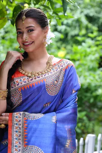 Blue Treaditional Kalamkari design Lotus border printed work saree with Blouse 