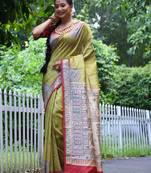 Yellow Treaditional Kalamkari design Lotus border printed work saree with Blouse