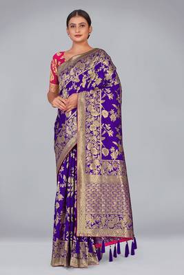 Violet color banarasi satin silk blend zari woven saree 1