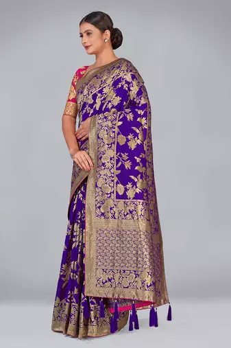Violet color banarasi satin silk blend zari woven saree