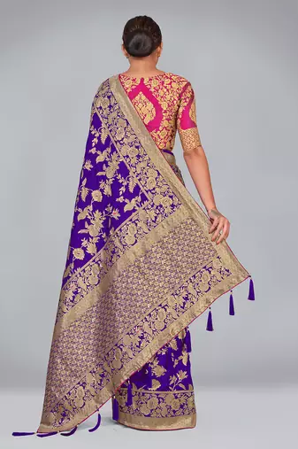 Violet color banarasi satin silk blend zari woven saree
