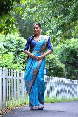 Sky Treaditional Kalamkari design Lotus border printed work saree with Blouse  1
