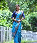 Sky Treaditional Kalamkari design Lotus border printed work saree with Blouse