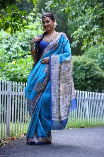 Sky Treaditional Kalamkari design Lotus border printed work saree with Blouse 