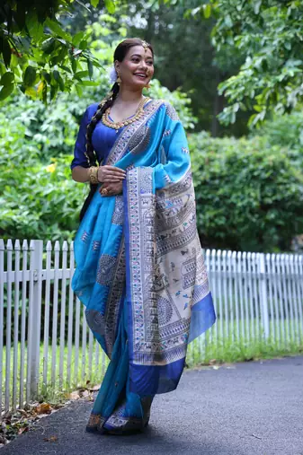 Sky Treaditional Kalamkari design Lotus border printed work saree with Blouse 
