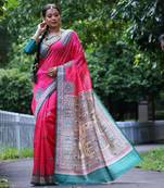 Pink Treaditional Kalamkari design Lotus border printed work saree with Blouse