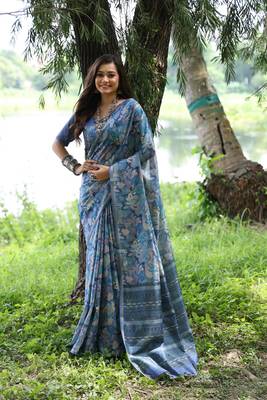 Blue Desi Tussar Silk Saree With printed pattern Pallu And Zari Weaving Border With Blouse 1