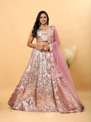 Pink Satin Sequin Embroidered Lehenga Choli 1