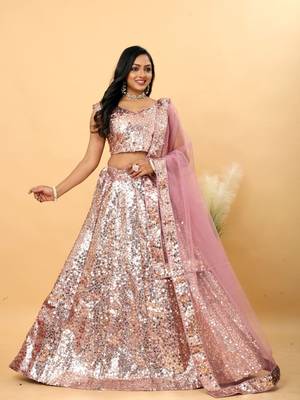 Pink Satin Sequin Embroidered Lehenga Choli 2