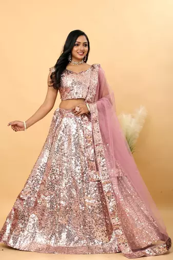 Pink Satin Sequin Embroidered Lehenga Choli