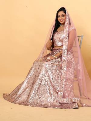 Pink Satin Sequin Embroidered Lehenga Choli 3