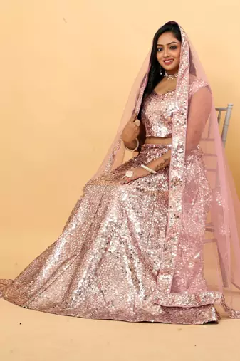 Pink Satin Sequin Embroidered Lehenga Choli
