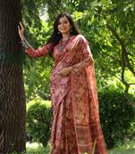 Red Desi Tussar Silk Saree With printed pattern Pallu And Zari Weaving Border With Blouse