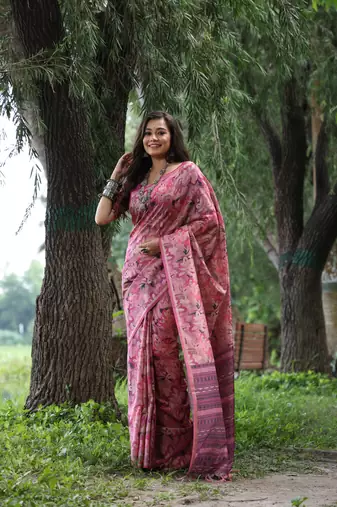 Pink Desi Tussar Silk Saree With printed pattern Pallu And Zari Weaving Border With Blouse