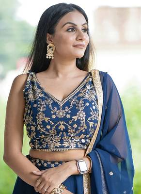 Navy Blue Georgette Threadwork Lehenga Choli 2