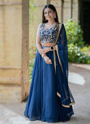 Navy Blue Georgette Threadwork Lehenga Choli 1