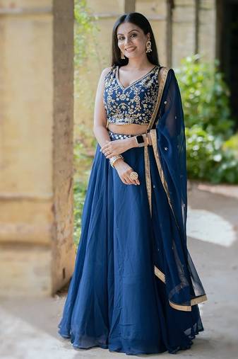 Navy Blue Georgette Threadwork Lehenga Choli