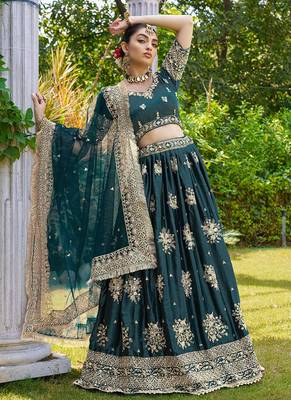 Teal Green Satin Embroidered Sequins Lehenga For Elegant Women Wedding Wear 1