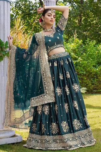 Teal Green Satin Embroidered Sequins Lehenga For Elegant Women Wedding Wear