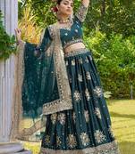 Teal Green Satin Embroidered Sequins Lehenga For Elegant Women Wedding Wear