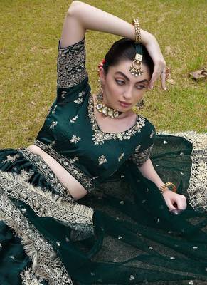 Teal Green Satin Embroidered Sequins Lehenga For Elegant Women Wedding Wear 2