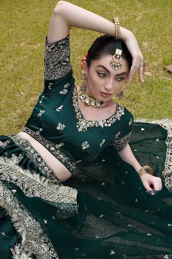 Teal Green Satin Embroidered Sequins Lehenga For Elegant Women Wedding Wear