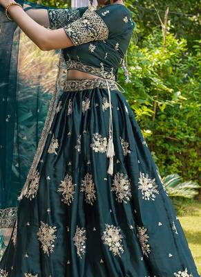 Teal Green Satin Embroidered Sequins Lehenga For Elegant Women Wedding Wear 3