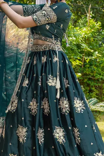 Teal Green Satin Embroidered Sequins Lehenga For Elegant Women Wedding Wear