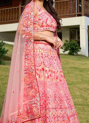 Indian Embrodered Sequins And Foil Mirror Work Wedding Lehenga Choli 3