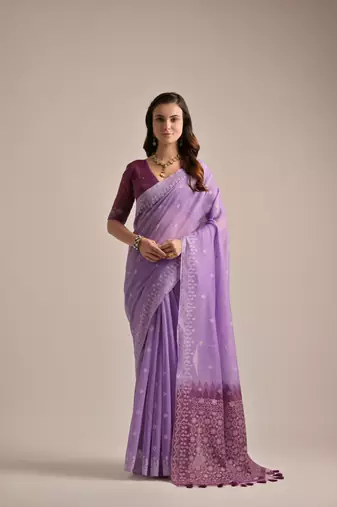 Lavender Soft Muga Cotton Blend Jamdani Style Border & All Over Buti work Saree  With Blouse