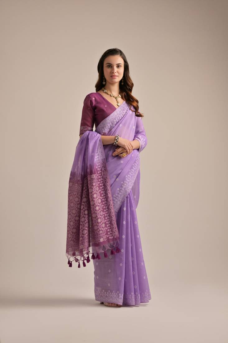 Lavender Soft Muga Cotton Blend Jamdani Style Border & All Over Buti work Saree  With Blouse