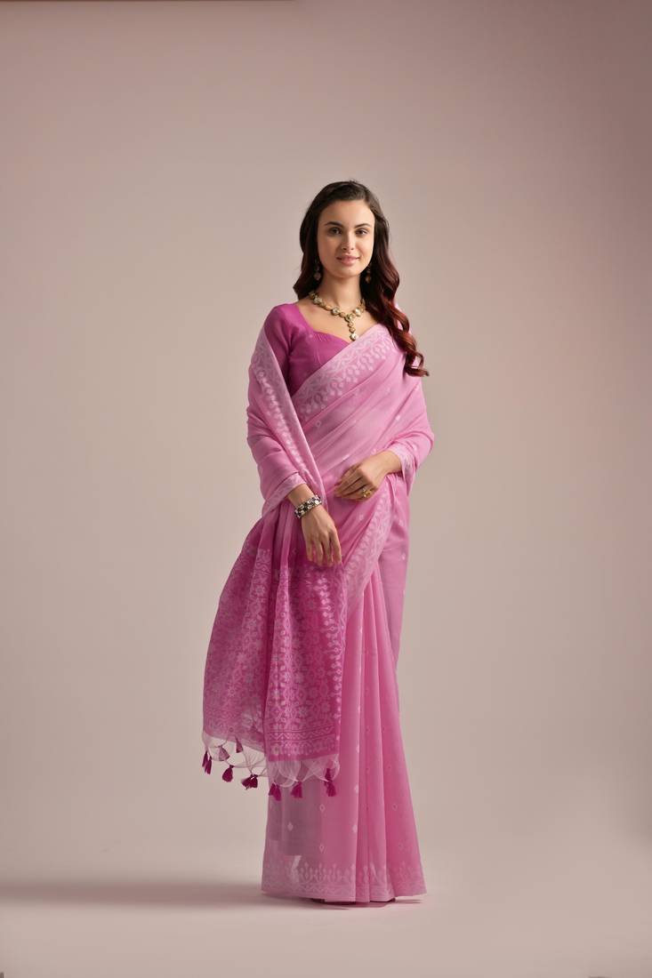 Pink Soft Muga Cotton Blend Jamdani Style Thread work Design Saree With Blouse