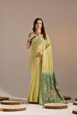 Lemon Yellow Soft Muga Cotton Blend Jamdani Style Border & All Over Buti work Saree  With Blouse 1