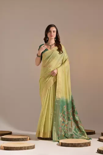 Lemon Yellow Soft Muga Cotton Blend Jamdani Style Border & All Over Buti work Saree  With Blouse