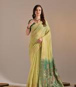 Lemon Yellow Soft Muga Cotton Blend Jamdani Style Border & All Over Buti work Saree  With Blouse