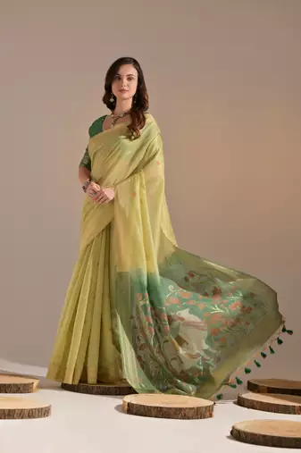 Lemon Yellow Soft Muga Cotton Blend Jamdani Style Border & All Over Buti work Saree  With Blouse