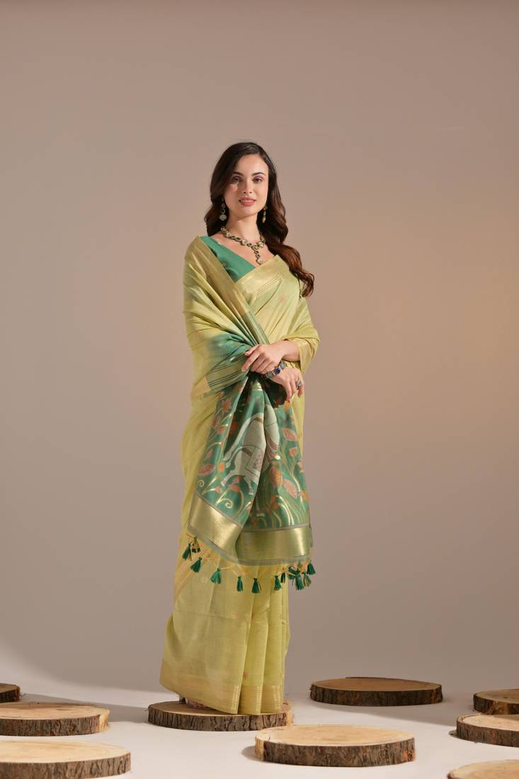 Lemon Yellow Soft Muga Cotton Blend Jamdani Style Border & All Over Buti work Saree  With Blouse