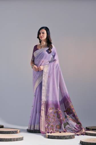 lavender Soft Cotton Blend Saree With Zari Weaving Pallu & Border With Blouse
