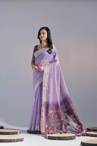lavender Soft Cotton Blend Saree With Zari Weaving Pallu & Border With Blouse