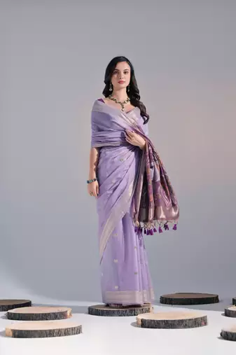lavender Soft Cotton Blend Saree With Zari Weaving Pallu & Border With Blouse
