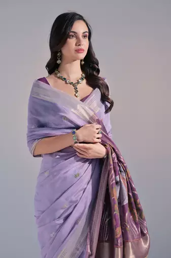 lavender Soft Cotton Blend Saree With Zari Weaving Pallu & Border With Blouse